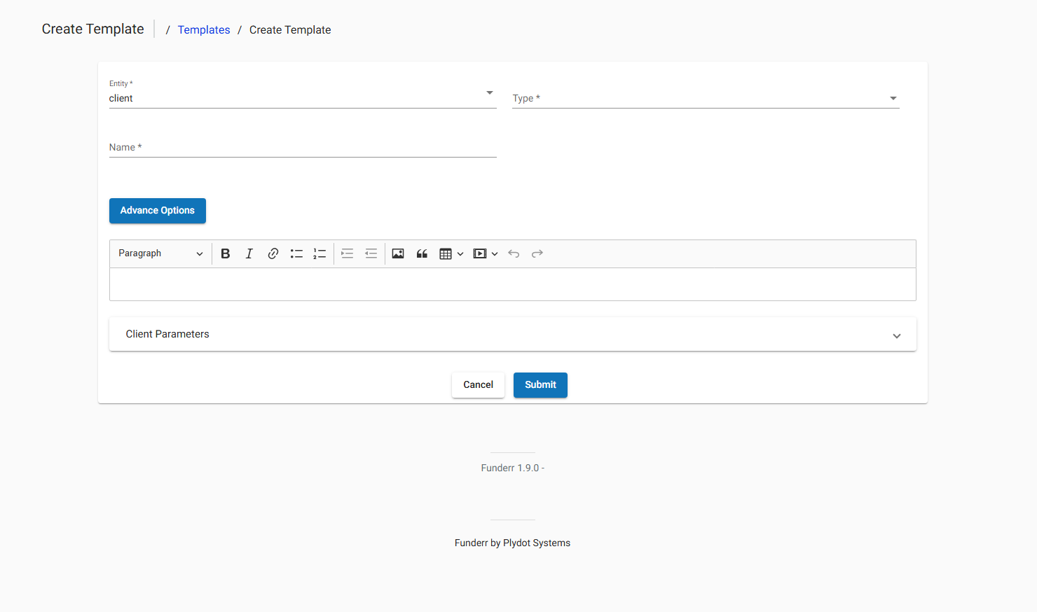 Create Template Settings Create Template Settings