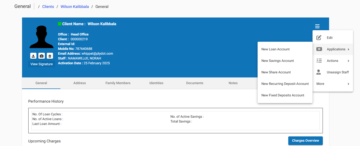 Client General Menu - New Loan Account Client General Menu - New Loan Account
