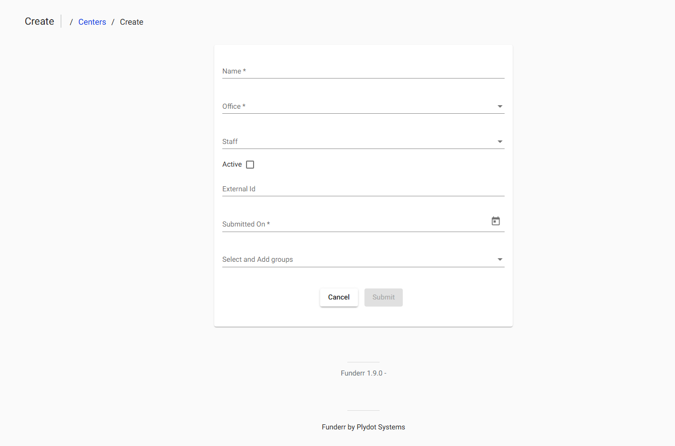 Create Center Form Create Center Form