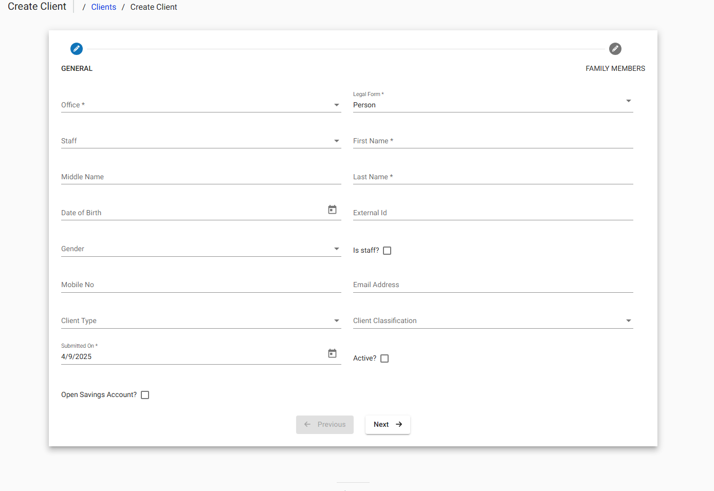 Create Client Form - General Tab Create Client Form - General Tab
