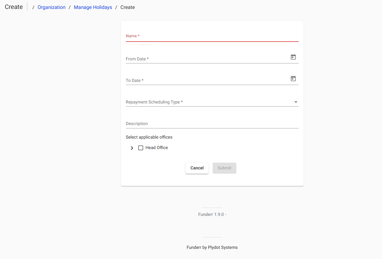 Create Holiday Form Create Holiday Form