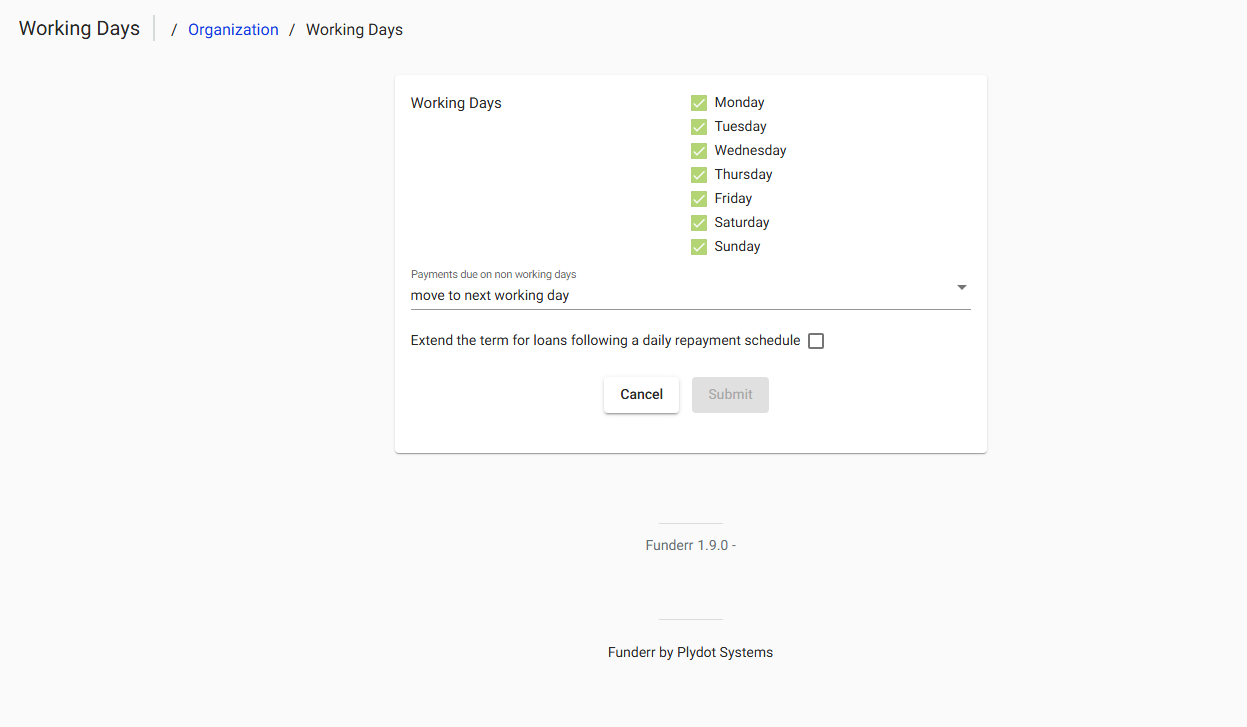 Working Days Configuration Screen Working Days Configuration Screen